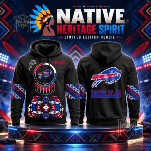 Buffalo Bills Native Heritage Spirit hoodie showing front and back designs