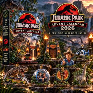 Jurassic Park Advent Calendar 2026 - front packaging with dinosaur scenes and collectibles