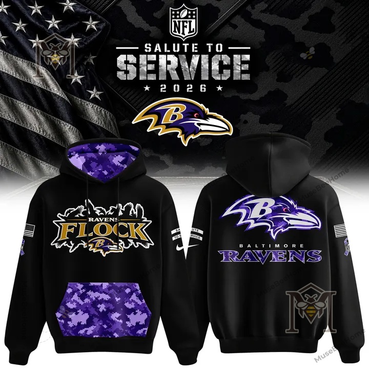 Baltimore Ravens 2026 Salute to Service Hoodie - front and back views