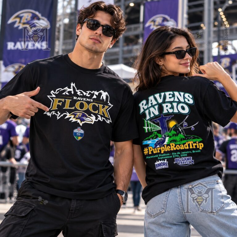 Baltimore Ravens NFL 2026 Rio Game T-Shirt - front Ravens Flock graphic