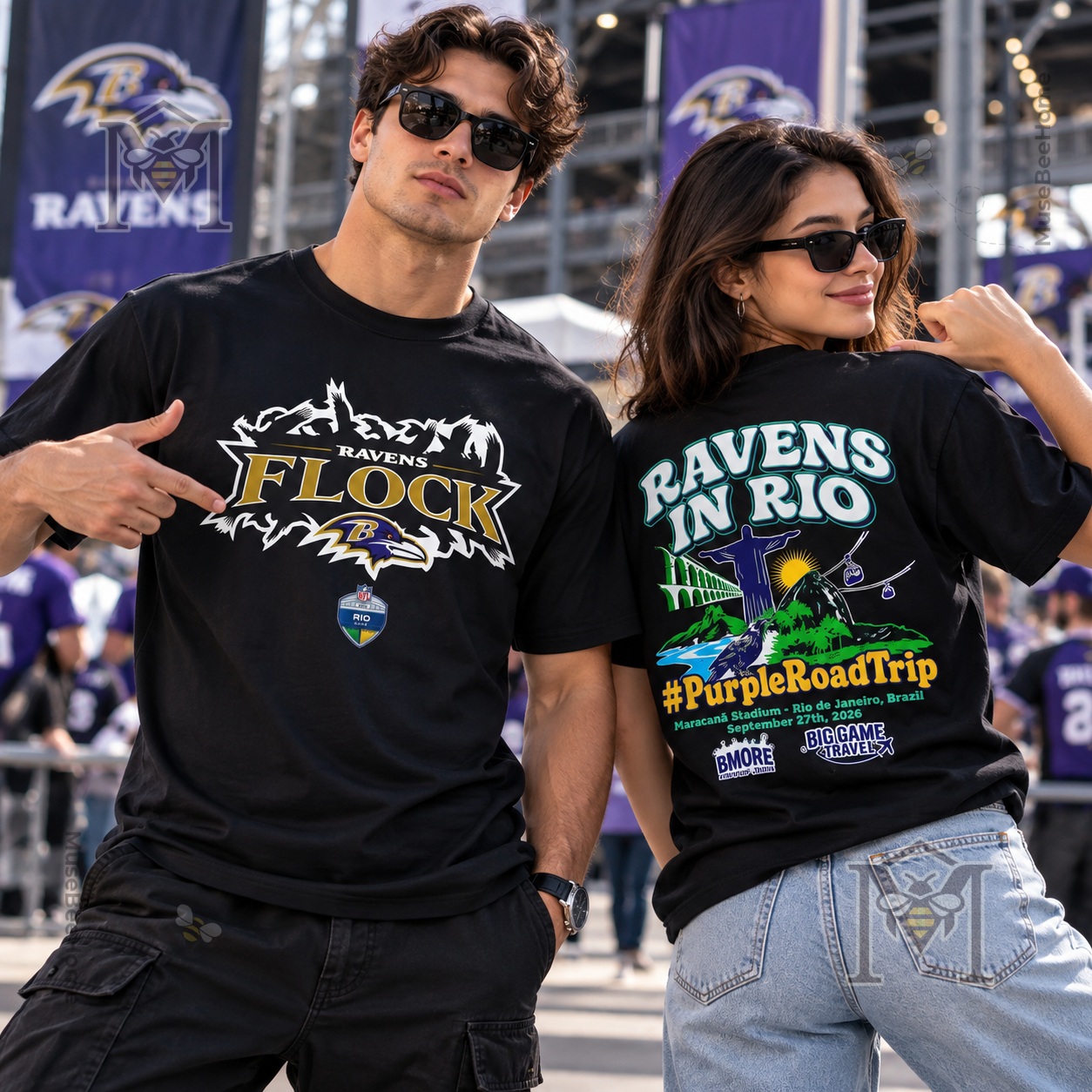 Baltimore Ravens NFL 2026 Rio Game T-Shirt - front Ravens Flock graphic