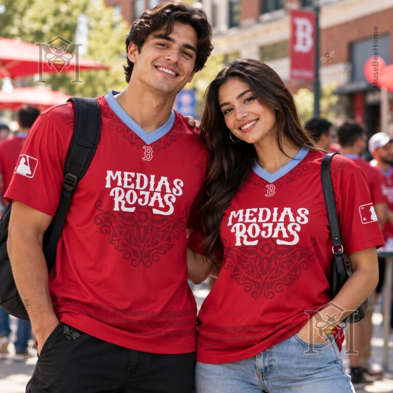 Front jersey view showing Medias Rojas lettering and ornamental chest pattern