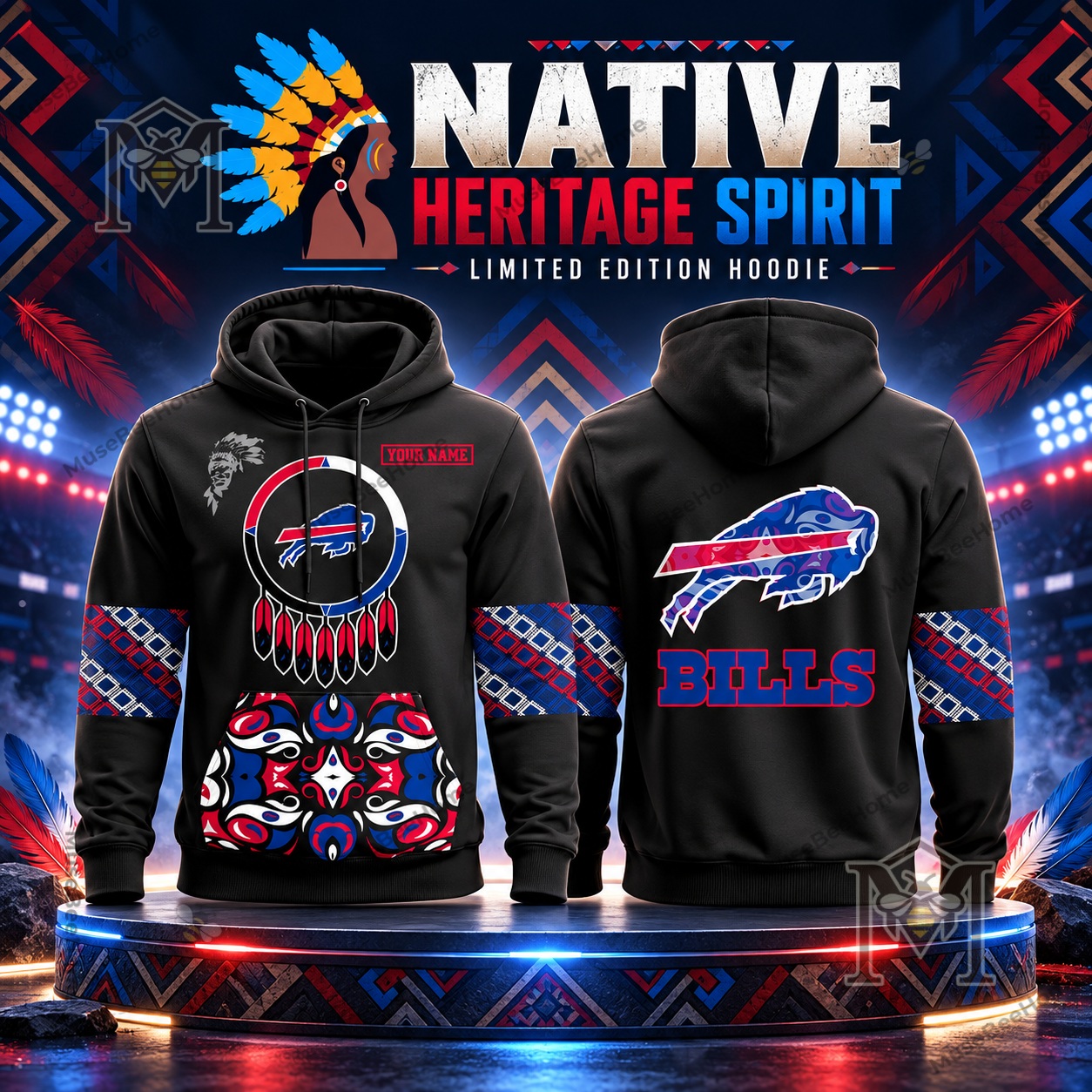 Buffalo Bills Native American Heritage Hoodie showing front and back designs