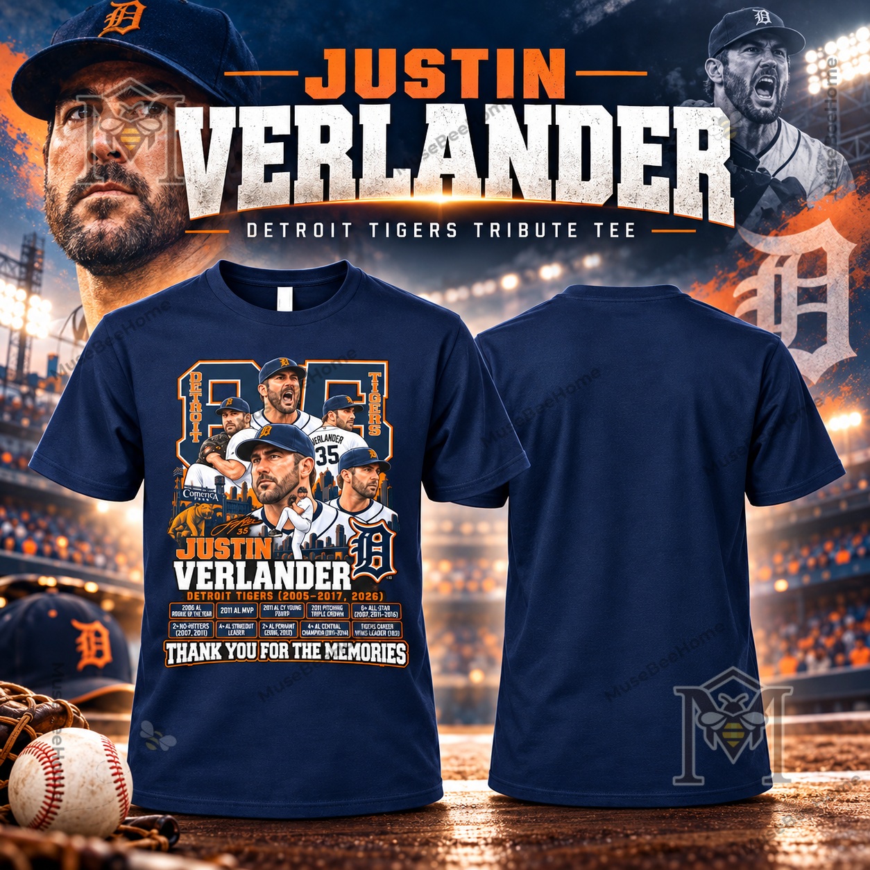 Detroit Tigers Justin Verlander 2026 Tribute T-Shirt - front and back views