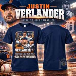 Detroit Tigers Justin Verlander 2026 Tribute T-Shirt - front and back views