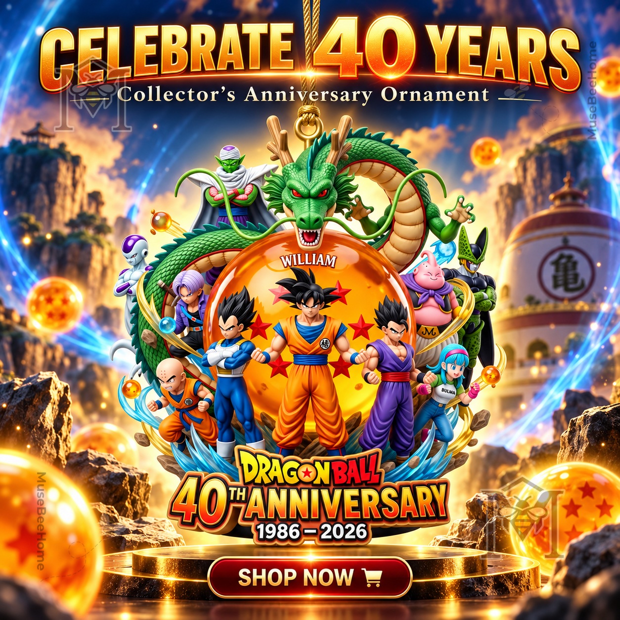 Dragon Ball 40th Anniversary 2026 Acrylic Ornament - front view with character collage
