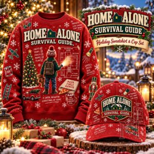 Home Alone Christmas Red Sweatshirt - front view with matching red cap