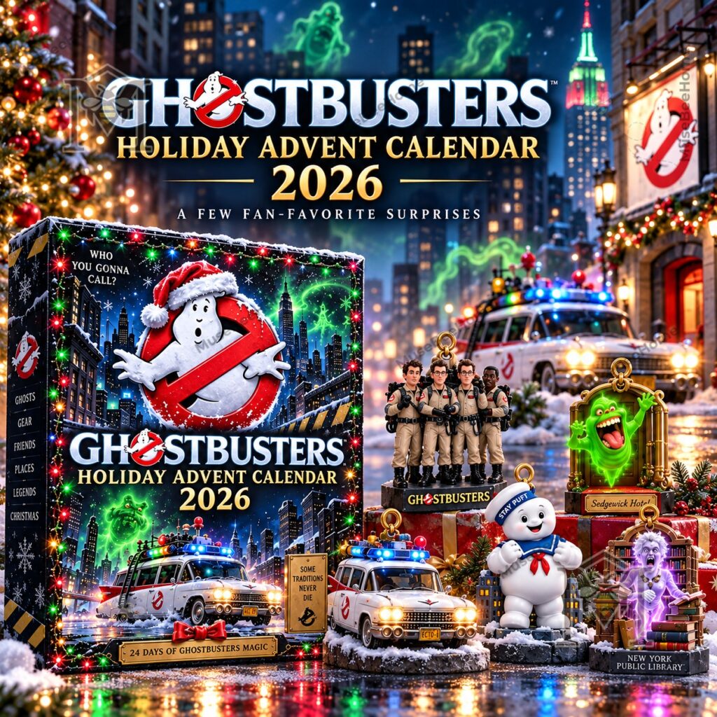 Ghostbusters Holiday Advent Calendar 2026 – Front box display with holiday Ghostbusters Holiday Advent Calendar 2026 - front box display with holiday character artwork
