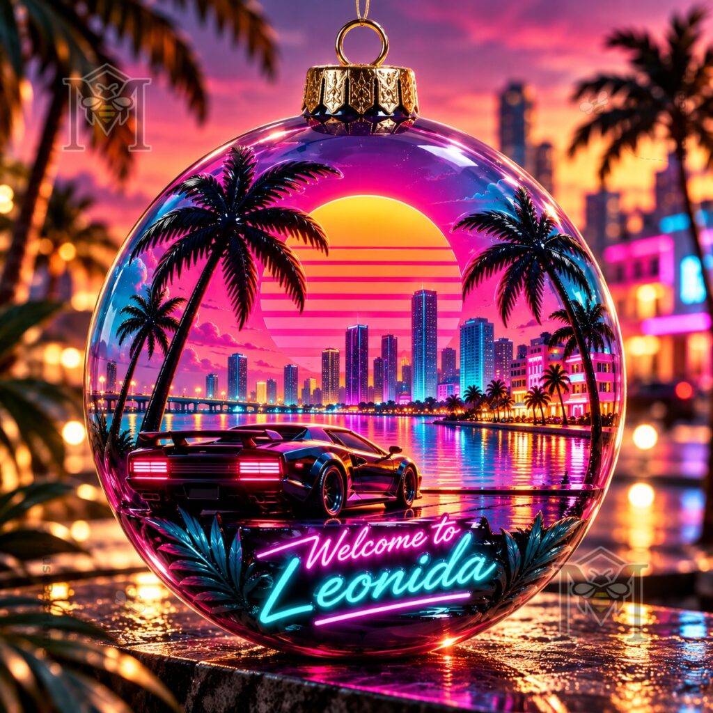 Grand Theft Auto VI Welcome to Leonida Globe Ornament – Front view with neon city Grand Theft Auto VI Welcome to Leonida Globe Ornament - front view with neon city design