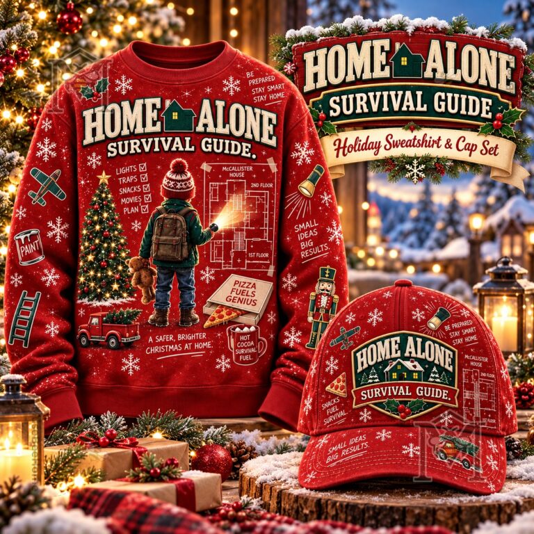 Home Alone Christmas Red Sweatshirt - front view with matching red cap