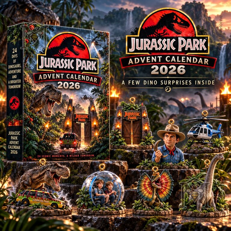 Jurassic Park Advent Calendar 2026 - front packaging with dinosaur scenes and collectibles