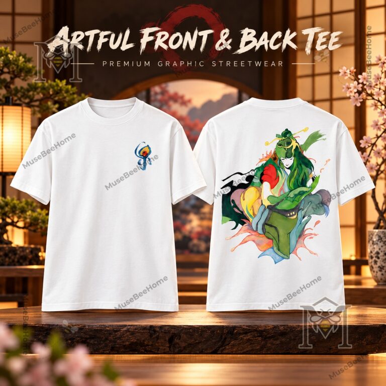 Nujabes Hand-Painted Anime Artwork T-Shirt - front and back views with colorful artwork