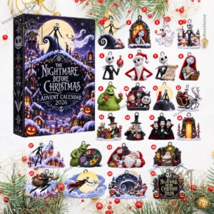 The Nightmare Before Christmas 2026 Advent Calendar - front box and 24 ornament designs