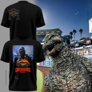 Los Angeles Dodgers Godzilla Minus Zero 2026 T-Shirt - front and back views with Godzilla graphic