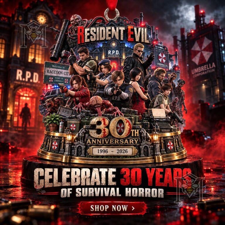 Resident Evil 30th Anniversary 2026 Ornament - front view with characters and anniversary artwork