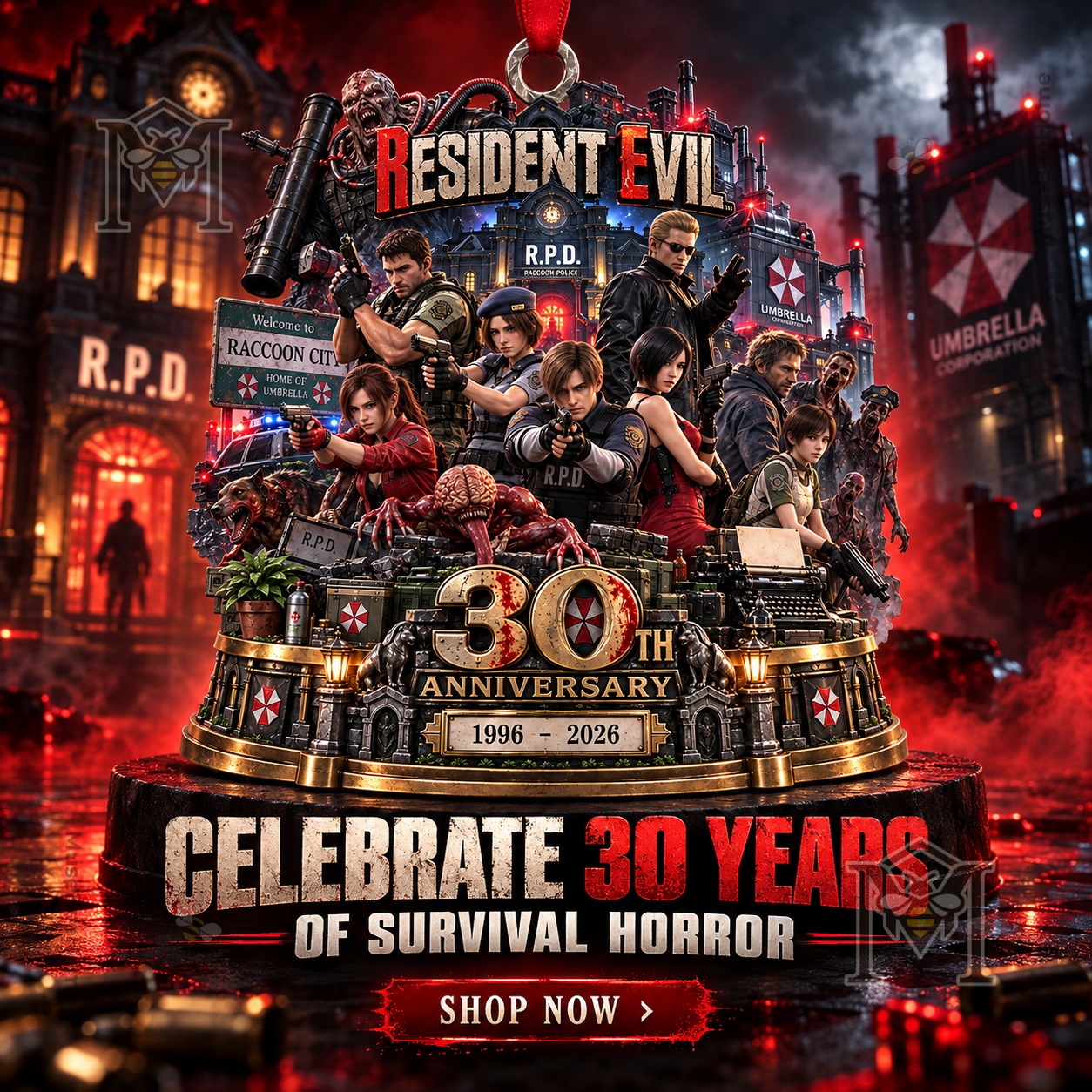 Resident Evil 30th Anniversary 2026 Ornament - front view with characters and anniversary artwork
