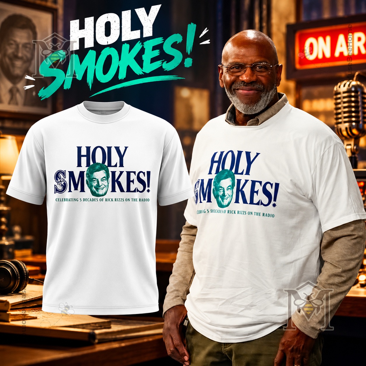 Rick Rizzs Holy Smokes 5 Decades on the Radio T-Shirt - front design and modeled view