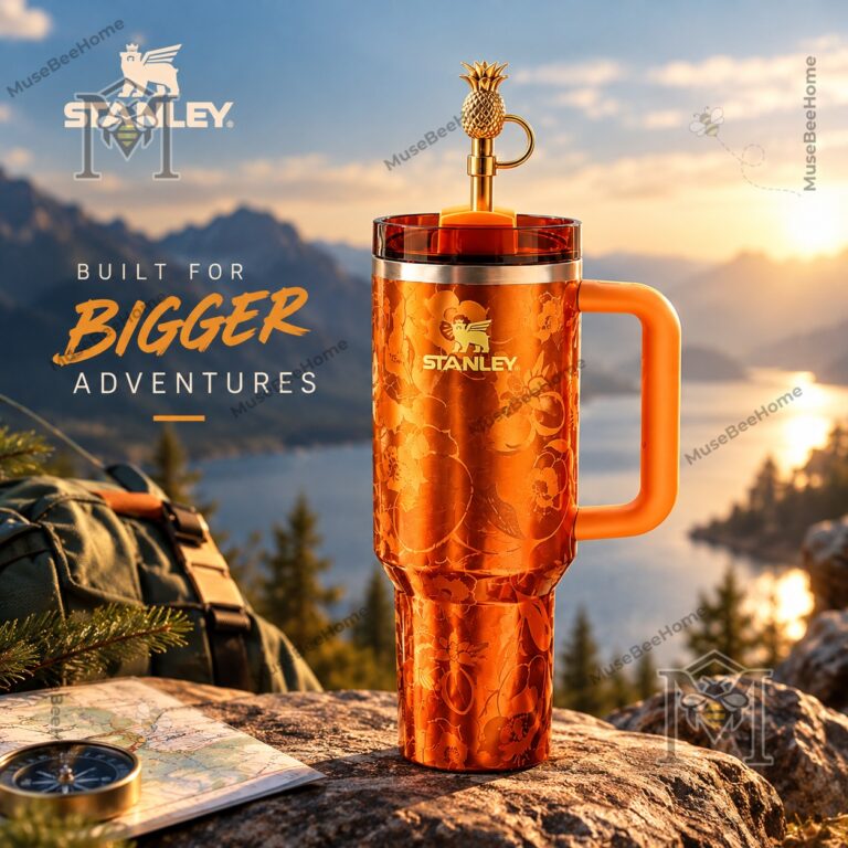 Stanley 1913 x Karol G Flowstate Tumbler With Handle - front view with pineapple topper and orange floral