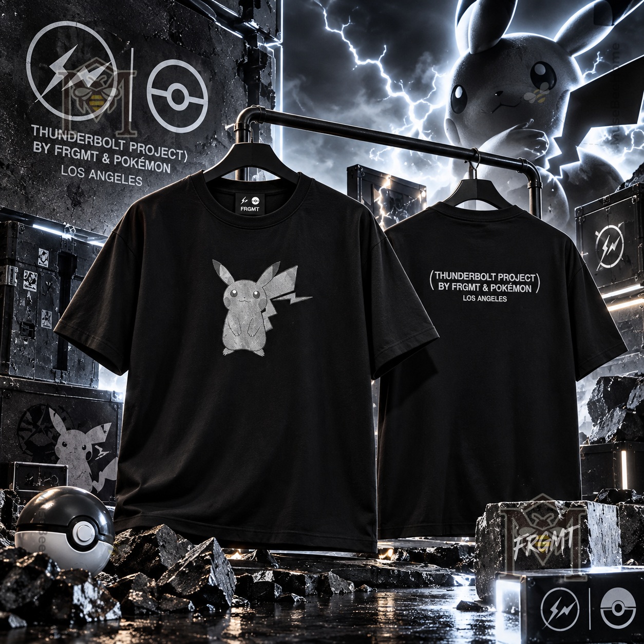 Thunderbolt Project by Fragment and Pokémon Pikachu Los Angeles T-Shirt - front and back views