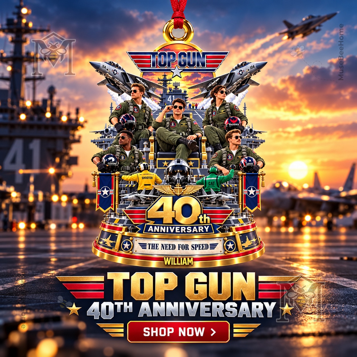 Top Gun 40th Anniversary Acrylic Ornament - front view with jets and aviator characters