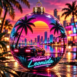 Grand Theft Auto VI Welcome to Leonida Globe Ornament - front view with neon city design