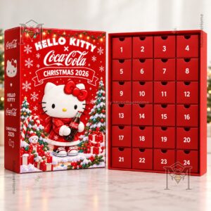 Hello Kitty Coca-Cola holiday figures, bottle, can, and gift box display