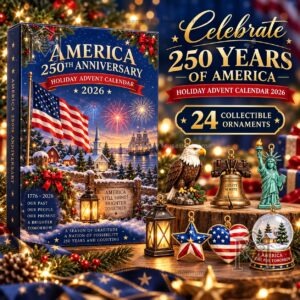 America 250th Anniversary Holiday 2026 Advent Calendar - front box with patriotic ornament illustrations