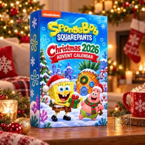 SpongeBob SquarePants Christmas 2026 Advent Calendar - front three-quarter view of decorated box