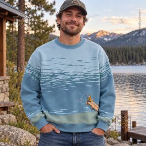 Fishing Vintage Pier Scene Sweatshirt - close view of dock, fishing rod, and bobber