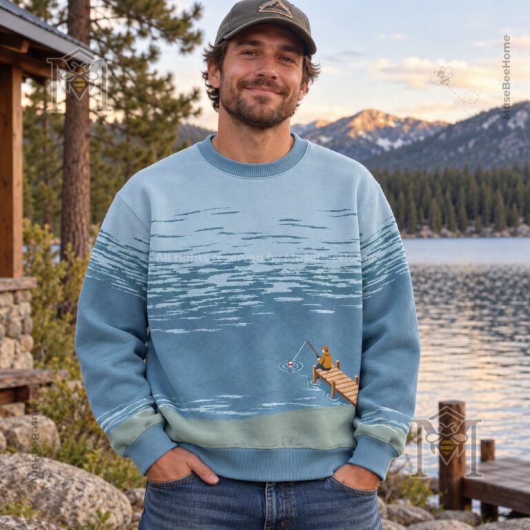 Fishing Vintage Pier Scene Sweatshirt - close view of dock, fishing rod, and bobber