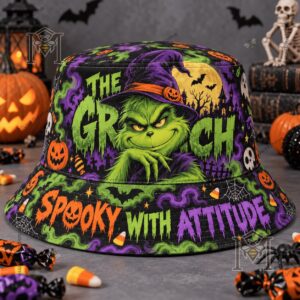 Bucket hat showing Grinch witch graphic and Halloween lettering