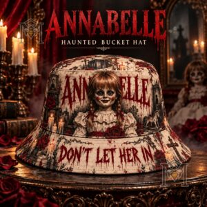 Annabelle Don't Let Her In Haunted Horror Bucket Hat - front view showing doll graphic and lettering