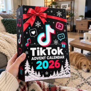 TikTok 2026 Christmas Advent Calendar - detail view of 2026 text and evergreen graphics