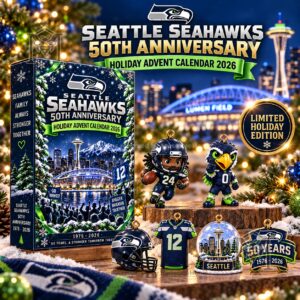 Seattle Seahawks 50th Anniversary Holiday Advent Calendar 2026 - front package and themed collectibles