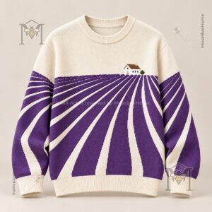 Lavender Field Cottage Pullover Sweatshirt - front view with cottage and radiating purple field design
