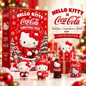 Hello Kitty Coca-Cola Christmas 2026 Advent Calendar front box and holiday collectibles