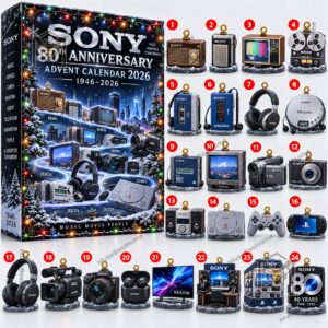 Sony 80th Anniversary Advent Calendar 2026 - close view of vintage Sony electronics ornaments