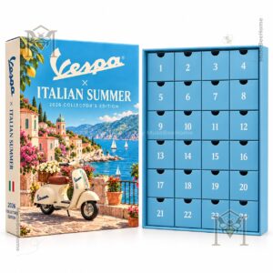 Vespa Italian Summer Advent Calendar 2026 - angled package showing side panel