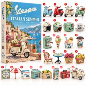 Vespa Italian Summer Advent Calendar 2026 - coastal scooter artwork close-up