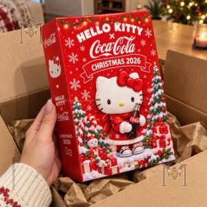 Close view of Hello Kitty Christmas figures with Coca-Cola bottle and can