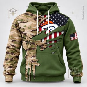 Denver Broncos hoodie showing camouflage sleeves and distressed flag graphic