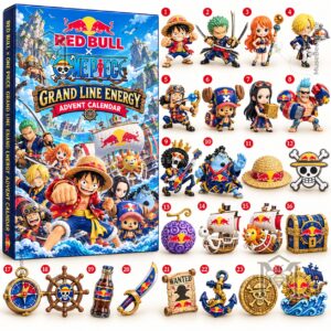 One Piece x Red Bull Advent Calendar 2026 - angled box showing side panel