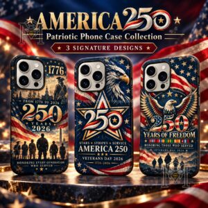 America 250th Anniversary Veterans Day 2026 Phone Case - three patriotic case designs displayed front-facing