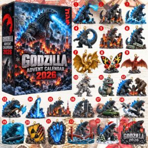 Godzilla Advent Calendar 2026 - front package artwork with Godzilla over a burning city