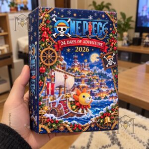 One Piece calendar artwork featuring snowy pirate ship and seaside town