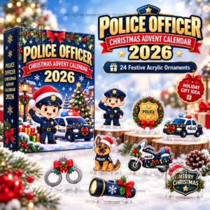 Police Officer Christmas Advent Calendar 2026 - front box and assorted acrylic ornaments