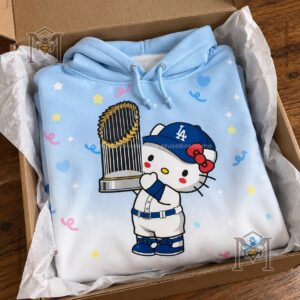 Los Angeles Dodgers Hello Kitty and Friends Hoodie - close-up of Dodgers caps and characters
