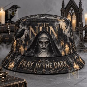 The Nun Pray In The Dark Bucket Hat - angled view showing printed crown and brim