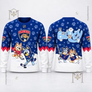 Florida Panthers Bluey Night Sweatshirt 2026 - front and back views with hockey character graphics