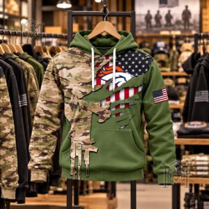 Denver Broncos hoodie displaying U.S. flag sleeve patch and front logo
